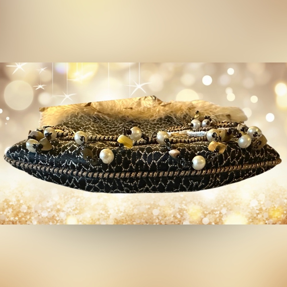 MARY FRANCES Black/Brown with Gold & Cream Bead Embellishments & Feathers - Picture 6 of 12